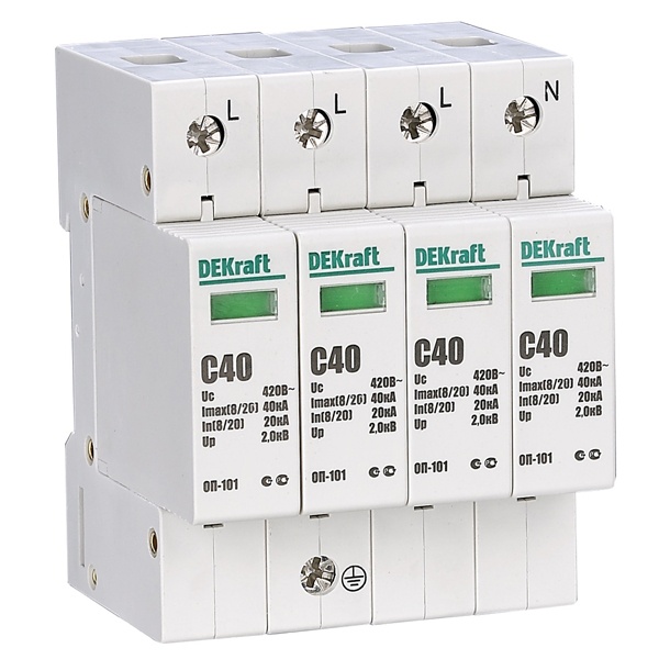 Ограничитель перенапряжений DEKraft ОП-101 3P+N In-20кА Im-40кА класс C(II) 420В