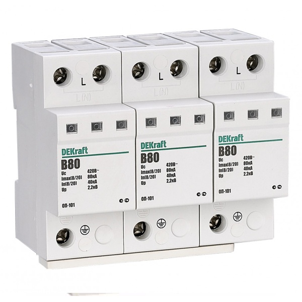 Ограничитель перенапряжений DEKraft ОП-101 3P In-40кА Im-80кА класс B(I) 420В
