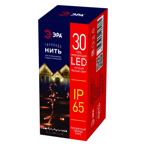 Светодиодная гирлянда ЭРА ERAPS-NP3 нить 3м тёплый свет 30LED прозрачный ПВХ, 220В, IP65