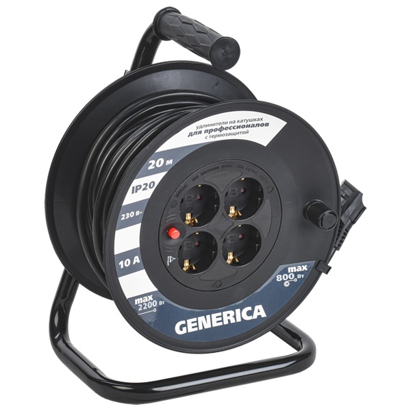 Удлинитель на барабане Generica (ИЭК) УК20 20м 3х1,0мм 10А 4 розетки с термозащитой