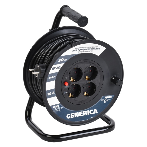 Удлинитель на барабане Generica (ИЭК) УК30 30м 3х1,0мм 10А 4 розетки с термозащитой