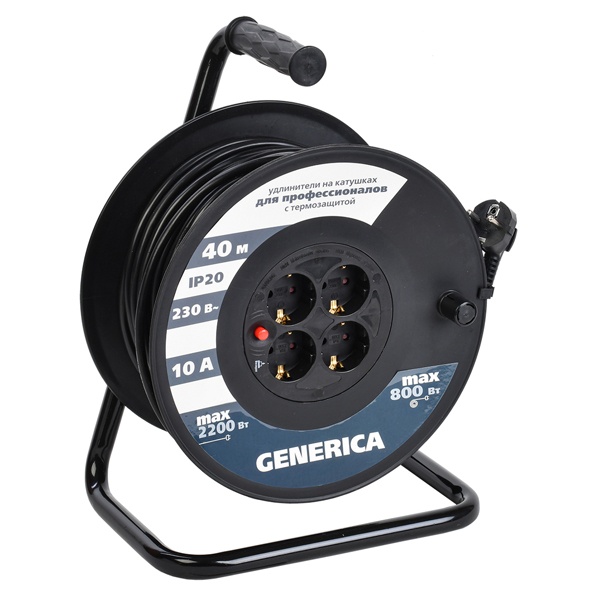 Удлинитель на барабане Generica (ИЭК) УК40 40м 3х1,0мм 10А 4 розетки с термозащитой