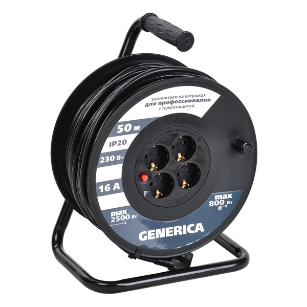 Удлинитель на катушке Generica (ИЭК) УК50 50м 3х1,5мм 16А 4 розетки с термозащитой