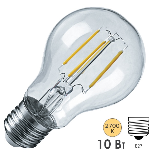 Лампа светодиодная филаментная 80 538 NLL-F-A60-10-230-2.7K-E27 10W 2700K прозрачная теплый свет