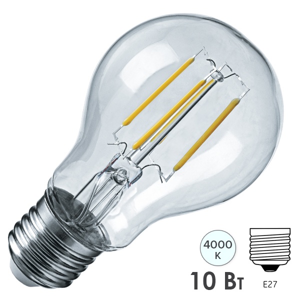 Лампа светодиодная филаментная 80 539 NLL-F-A60-10-230-4K-E27 10W 4000K прозрачная холодный свет