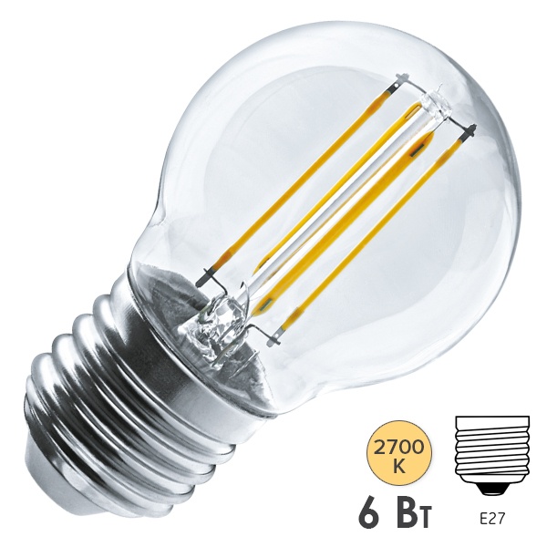 Лампа филаментная светодиодная шарик Navigator 80 526 NLL-F-G45-6-230-2.7K-E27 6W 2700K 220V