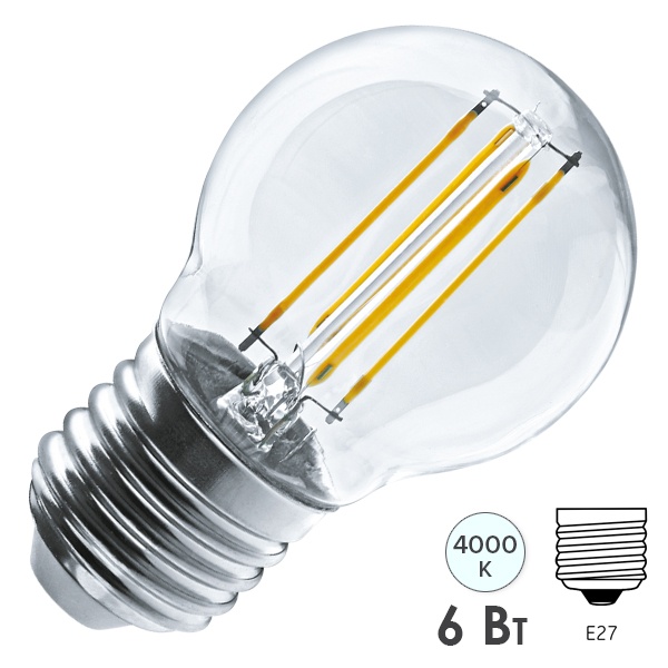 Лампа филаментная светодиодная шарик Navigator 80 527 NLL-F-G45-6-230-4K-E27 6W 4000K 220V
