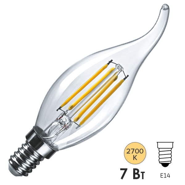 Лампа филаментная светодиодная свеча на ветру Navigator 61 536 NLL-F-FC35-7-230-2.7K-E14 7W 2700K