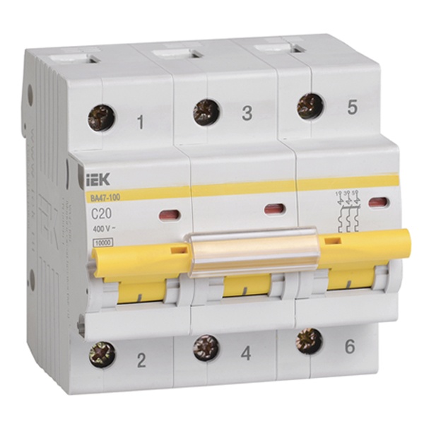 Автоматический выключатель ИЭК ВА 47-100 3Р 20А 10 кА характеристика С (автомат электрический)