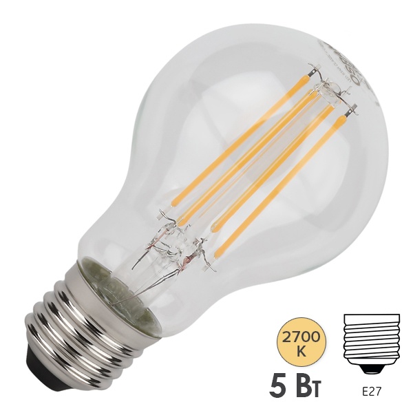 Лампа светодиодная филаментная Osram LED STAR CL A 5W/827 2700K 220V E27 прозрачная теплый свет