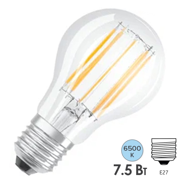 Лампа светодиодная филаментная Osram LED STAR CL A 7,5W/865 6500K 220V E27 прозрачная дневной свет