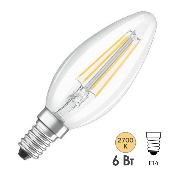 Лампа филаментная свеча Osram LED SCL B75 6W/827 2700K 220V E14 прозрачная