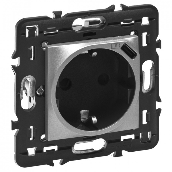 Розетка 2К+3 с USB-C немецкий стандарт с суппортом Legrand Mosaic -2М алюминий New