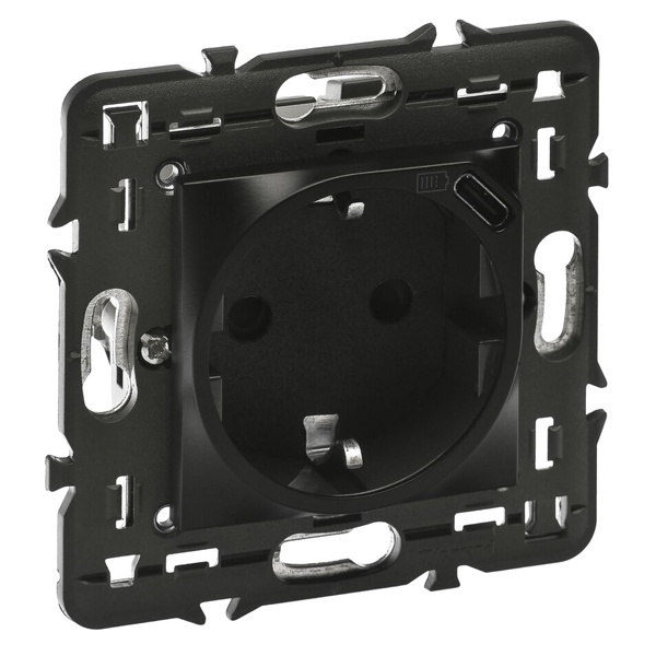 Розетка 2К+3 с USB-C немецкий стандарт с суппортом Legrand Mosaic -2М матовый черный New