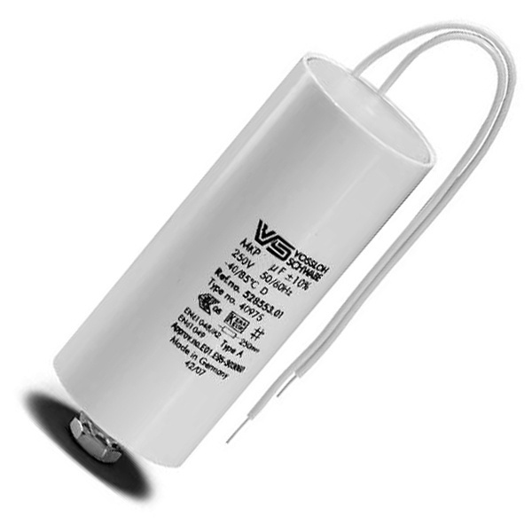 Конденсатор VS 16 мкФ ±10% 250V монтаж M8x10 пластик, провод 250мм