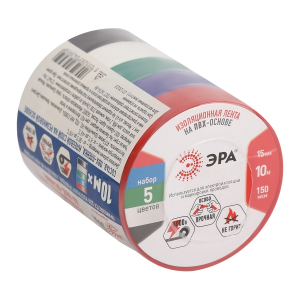 Изолента ПВХ ЭРА 15мм х 10м (5 цветов в упаковке)