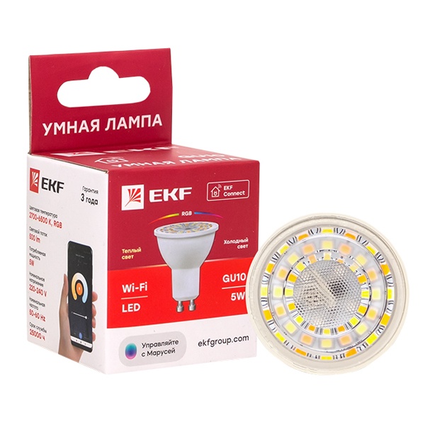 Умная лампа EKF WIFI Connect 5W RGBW (2700...6500K) 230V GU10 60° (управление - Алиса и Маруся)
