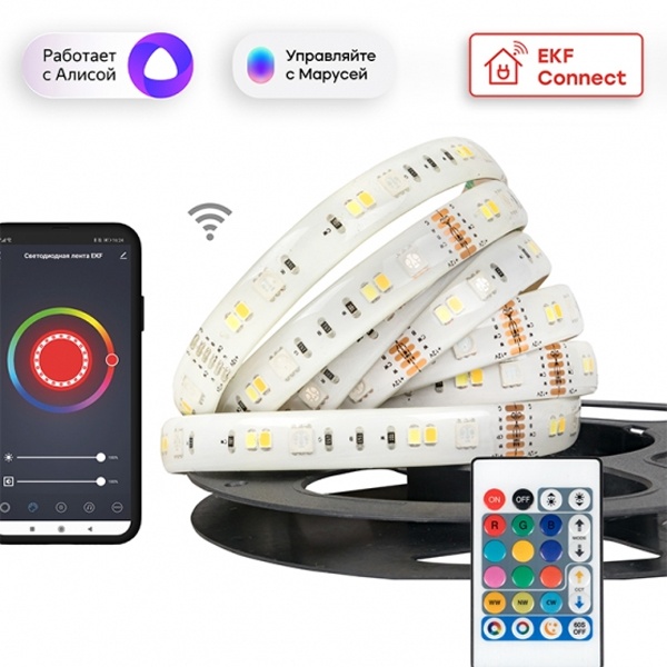 Умная светодиодная лента EKF Connect 5W Wi-Fi RGBW (3000...6500K) 12V 253lm IP44 3m