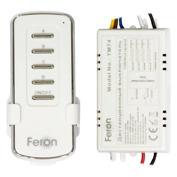 Выключатель Feron TM74 с пультом радиоуправления 4-х канальный 1000W 230V 30м белый