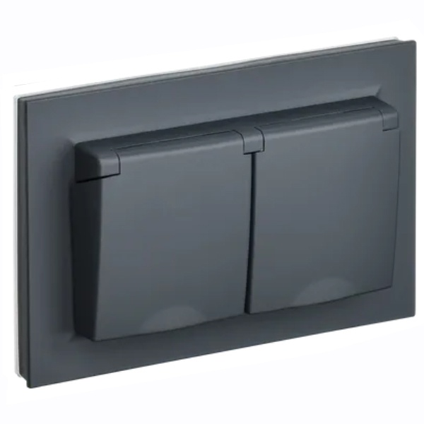Розетка ИЭК BRITE 2х2P+E Schuko шторки с крышкой двойная 16А IP44 графит в сборе (РСбш12-3-44-БрГ