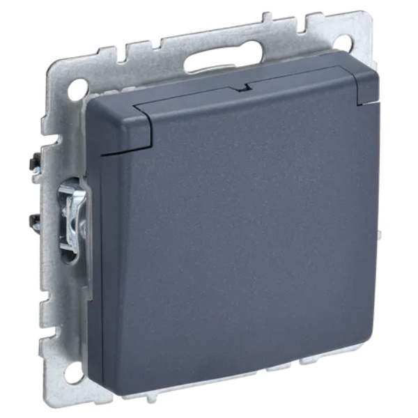 Розетка ИЭК BRITE 2P+E Schuko со шторками с крышкой 16А IP44 маренго (РСбш10-3-44-БрМ)