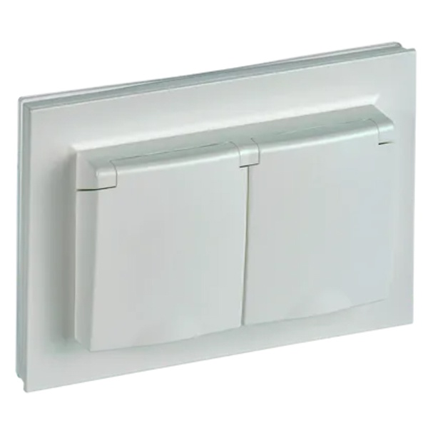 Розетка ИЭК BRITE 2х2P+E Schuko шторки с крышкой 2-я 16А IP44 жемчуг в сборе (РСбш12-3-44-БрЖ)