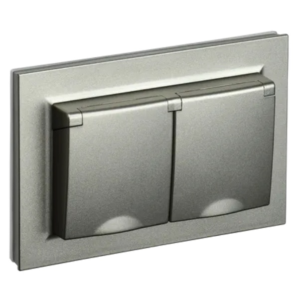 Розетка ИЭК BRITE 2х2P+E Schuko шторки с крышкой 2-я 16А IP44 шампань в сборе (РСбш12-3-44-БрШ)