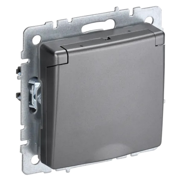 Розетка ИЭК BRITE 2P+E Schuko со шторками с крышкой 16А IP44 сталь (РСбш10-3-44-БрС)