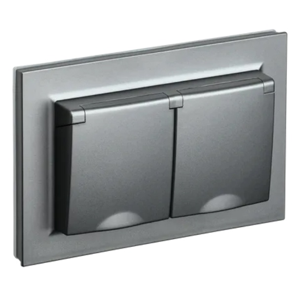 Розетка ИЭК BRITE 2х2P+E Schuko шторки с крышкой двойная 16А IP44 сталь в сборе (РСбш12-3-44-БрС)