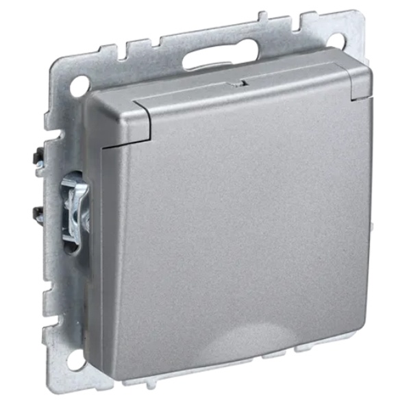 Розетка ИЭК BRITE 2P+E Schuko со шторками с крышкой 16А IP44 алюминий (РСбш10-3-44-БрА)