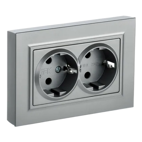 Розетка ИЭК BRITE 2х2P+E Schuko со шторками двойная 16А алюминий в сборе (РСш12-3-БрА)