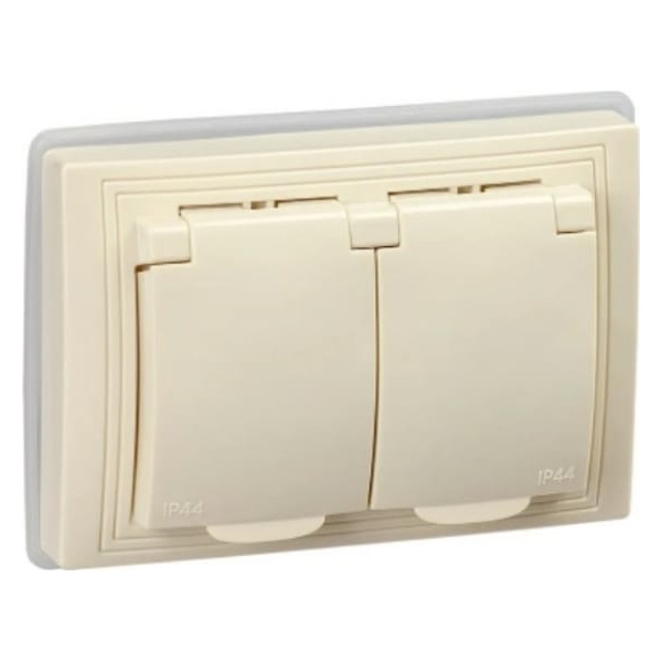 Розетка двойная 2х2P+E Schuko со шторками Generica КВАРТА 16А IP44 кремовый (РСбш12-3-ККм-44)