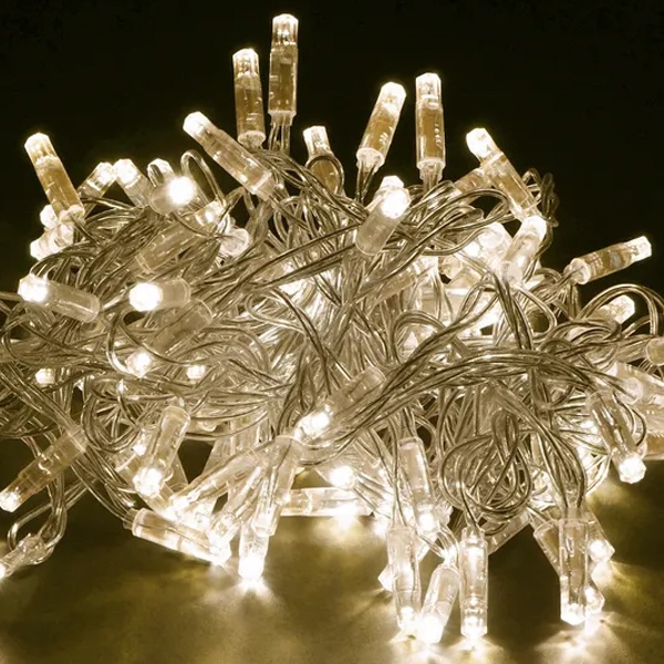 Гирлянда нить ИЭК 10м 100 светодиодов теплый белый IP44 прозрачный шнур 3м 230В контроллер 8 сцен