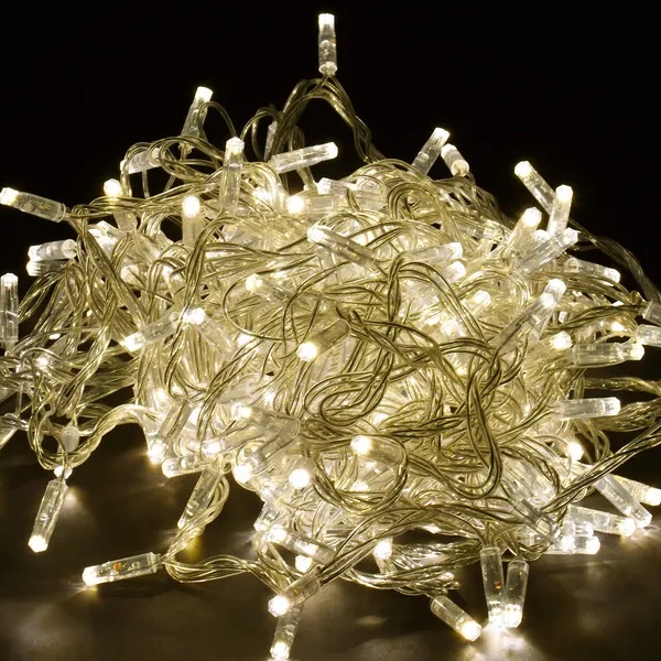 Гирлянда нить ИЭК 20м 200 светодиодов теплый белый IP44 прозрачный шнур 3м 230В контроллер 8 сцен