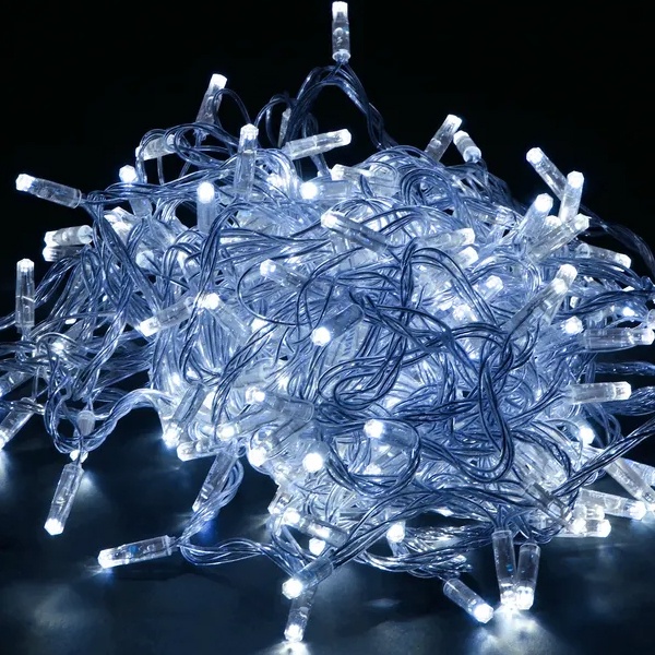 Гирлянда нить ИЭК 10м 100 светодиодов белый свет IP44 прозрачный шнур 3м 230В контроллер 8 сцен