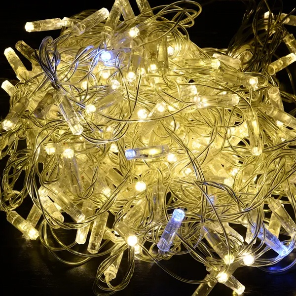 Гирлянда нить ИЭК 10м 100 светодиодов теплый белый IP44 прозрачный шнур 3м 230В мерцание