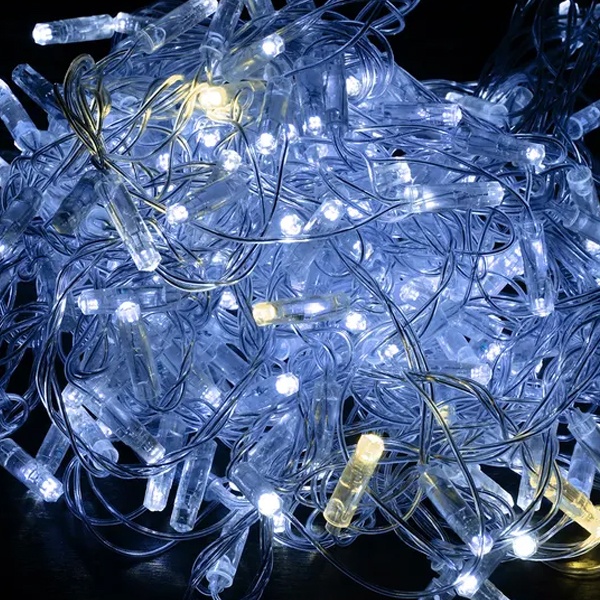 Гирлянда нить ИЭК 10м 100 светодиодов белый свет IP44 прозрачный шнур 3м 230В мерцание