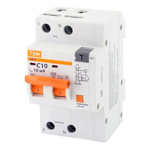 Дифференциальный автомат TDM 2П С10А 10мА тип АС однофазный электронный 4,5кА АД12 (дифавтомат, АВДТ)
