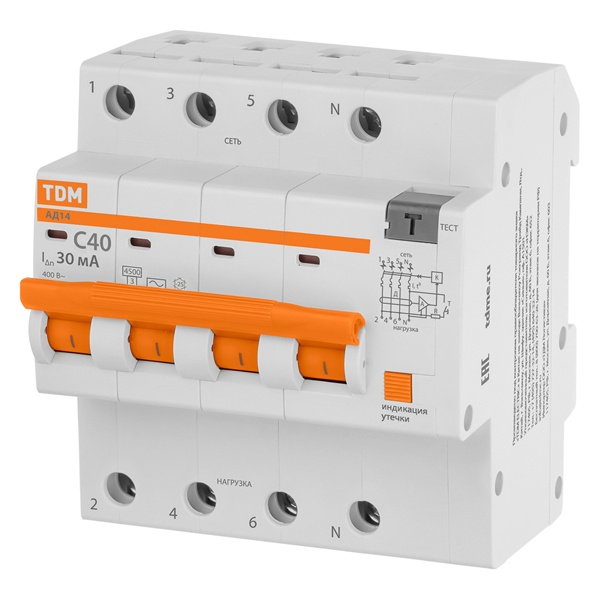 Дифференциальный автомат TDM 4П С40А 30мА тип АС трехфазный электронный 4,5кА АД14 (дифавтомат, АВДТ)