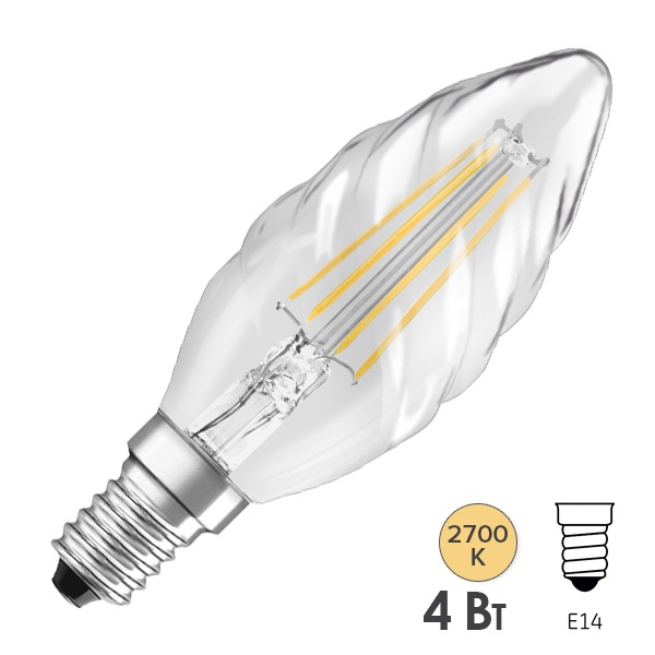 Лампа филаментная свеча витая Osram Parathom CL BW40 4W/827 2700K 220V E14 прозрачная