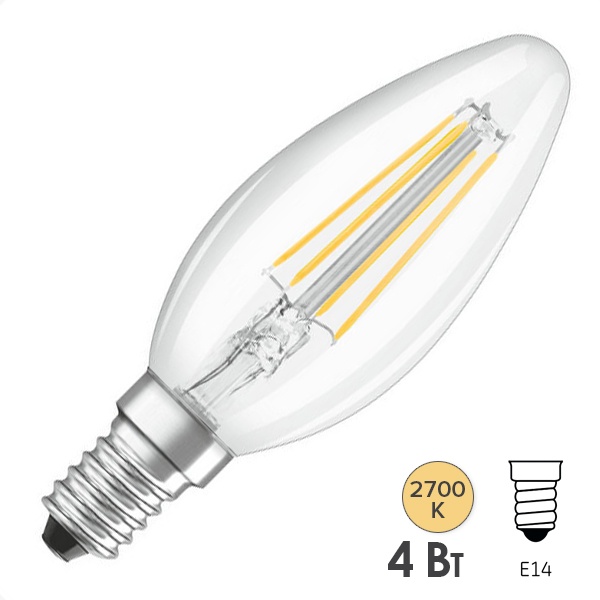 Лампа филаментная свеча Osram Parathom CL B40 4W/827 2700K 220V E14 прозрачная
