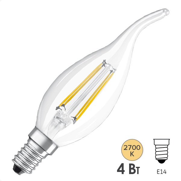 Лампа филаментная светодиодная свеча на ветру Osram PARATHOM BA40 4W/827 220V E14