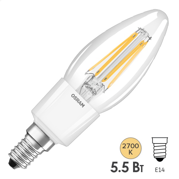 Лампа филаментная свеча Osram Parathom CL B60 5.5W/827 2700K 220V E14 прозрачная