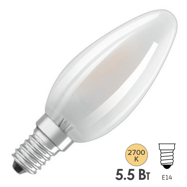 Лампа филаментная свеча Osram Parathom CL B60 5,5W/827 2700K 220V E14 матовая