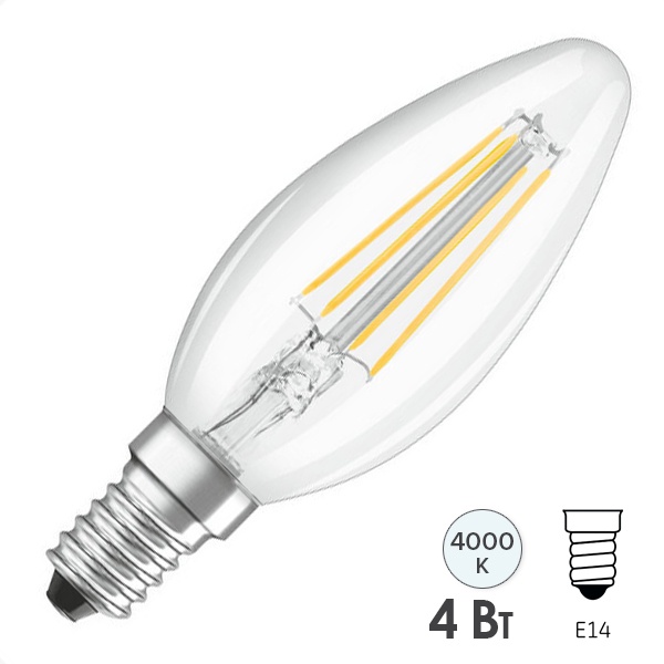 Лампа филаментная свеча Osram Parathom CL B40 4W/840 4000K 220V E14 прозрачная