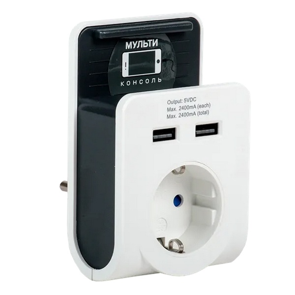 Зарядное устройство с держателем ИЭК Т-02/01 1 место 2P+E 16А 2хUSB 2,4А белый