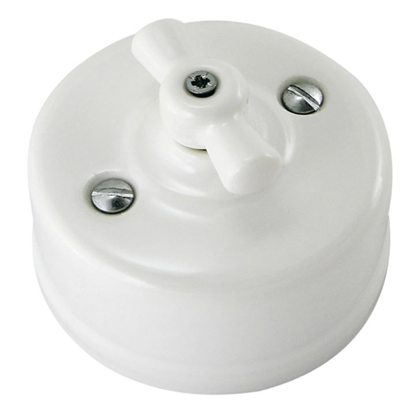 Накладной выключатель 1-клавишный перекрёстный TDM Болонь с ручкой (бантик) 10А фарфор белый