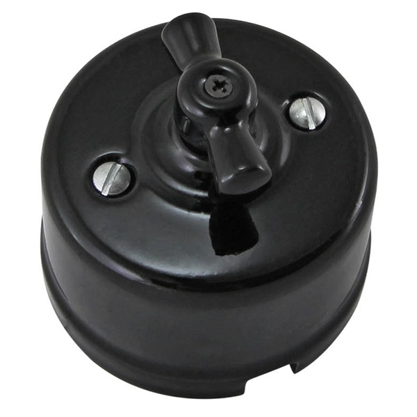 Накладной выключатель 1-клавишный перекрёстный TDM Болонь с ручкой (бантик) 10А фарфор черный