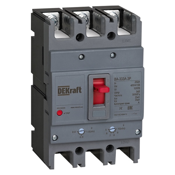 Автоматический выключатель DEKraft ВА-333А силовой 3P 140А 35кА регулируемый расцепитель (автомат электрический)