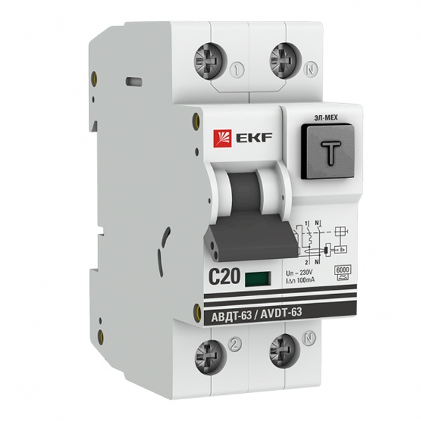 Дифавтомат EKF PROxima АВДТ-63 1P+N С20А 100мА 6кА тип А однофазный электромеханический 6кА (дифференциальный автомат, АВДТ)